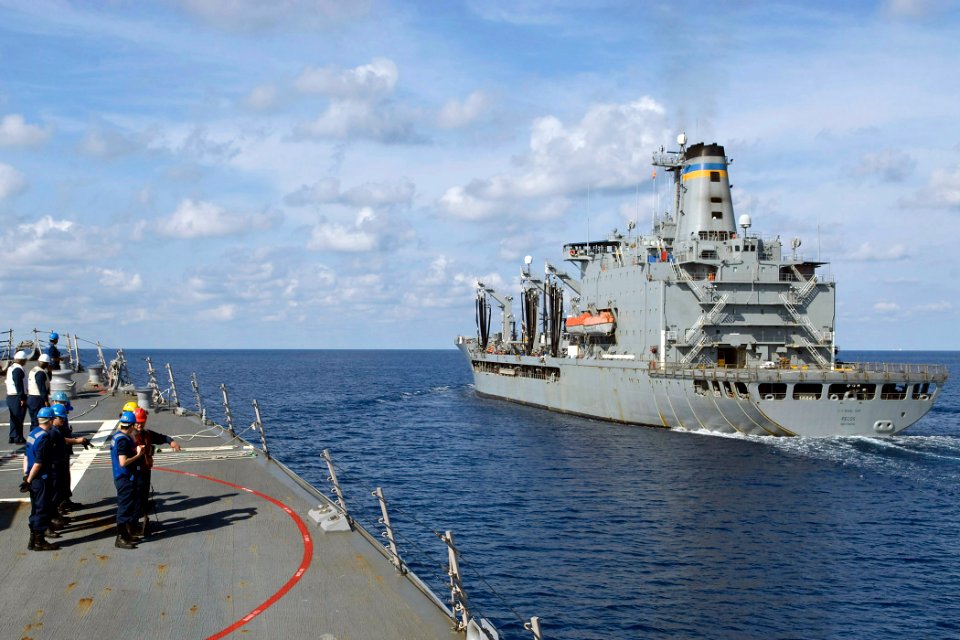 US Navy 091017-N-9123L-006 The guided-missile destroyer USS McCampbell (DDG 85) approaches the Military Sealift Command fleet replenishment oiler USNS Pecos (T-AO-197) for an underway replenishment