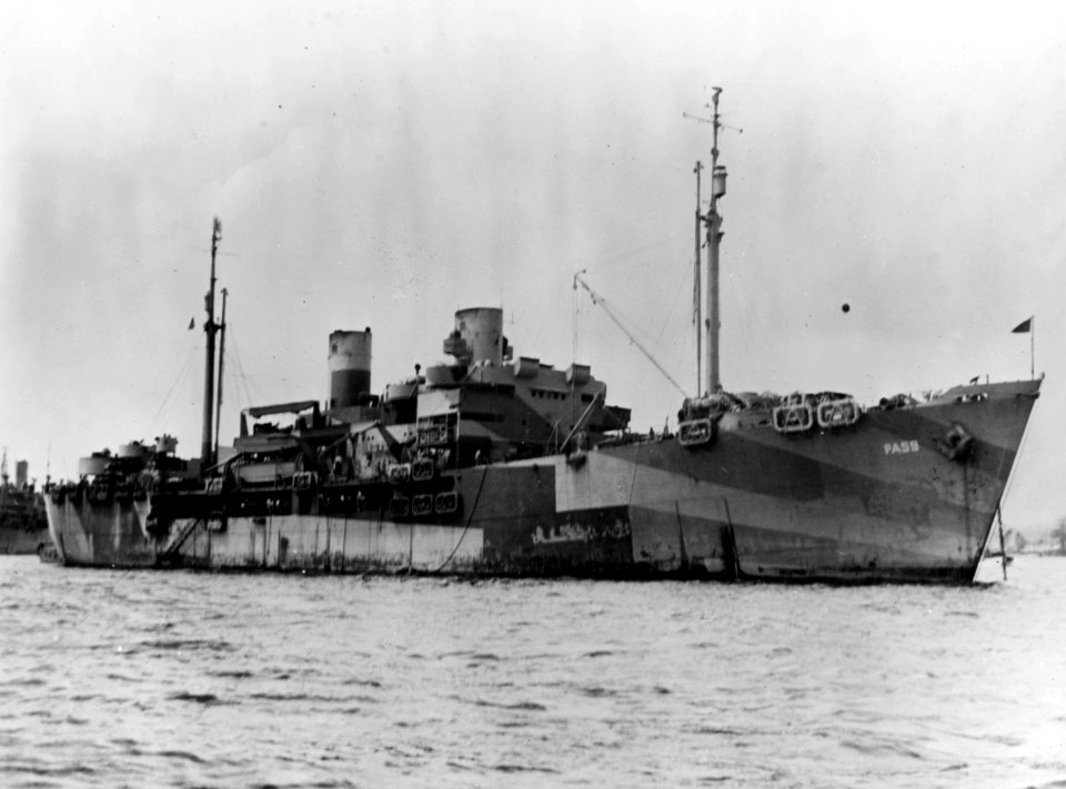 USS Audrain (APA-59) in the Dutch Indies on 30 January 1945 (80-G-300769)