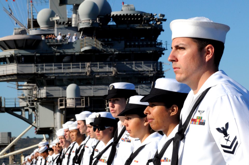 US Navy 091021-N-2344B-083 Sailors man the rails as the aircraft carrier USS Ronald Reagan (CVN 76) pulls into Naval Air Station North Island