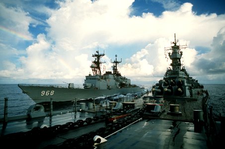USS ARTHUR W. RADFORD (DD-968) participates in an underway replenishment with the battleship USS IOWA (BB-61)