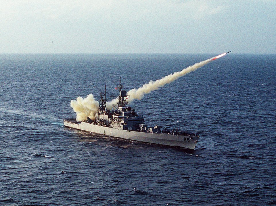 USS Bainbridge (CGN-25) firing a RGM-84 Harpoon missile on 10 January 1992