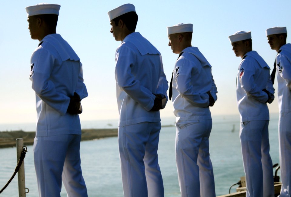 US Navy 091021-N-9132C-045 Sailors man the rails as the aircraft carrier USS Ronald Reagan (CVN 76) pulls into Naval Air Station North Island. Ronald Reagan's return to San Diego marks the end of a five-month deployment to the