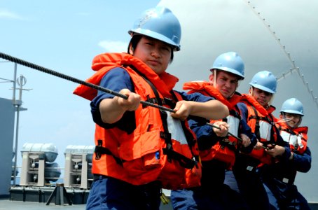 US Navy 091023-N-7478G-358 Line handlers aboard the amphibious command ship USS Blue Ridge (LCC 19) hold the phone and distance line connected to the Military Sealift Command fleet replenishment oiler USNS Walter S. Diehl (T-AO