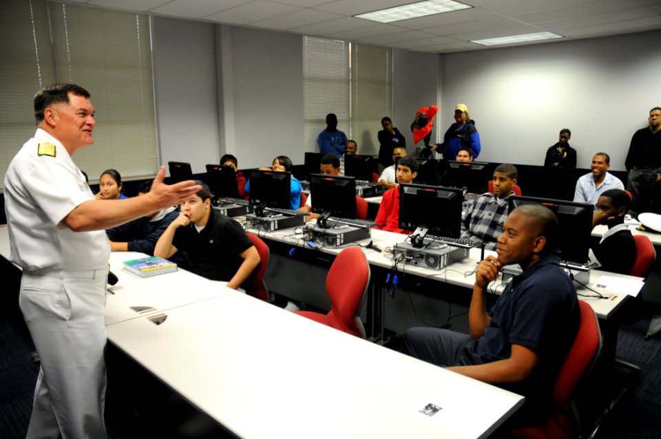 US Navy 091026-N-5208T-004 Texas Southern University aviation students listen as Rear Adm. W. Mark Skinner, Program Executive Officer-Tactical Aircraft Programs, discusses the future of naval aviation