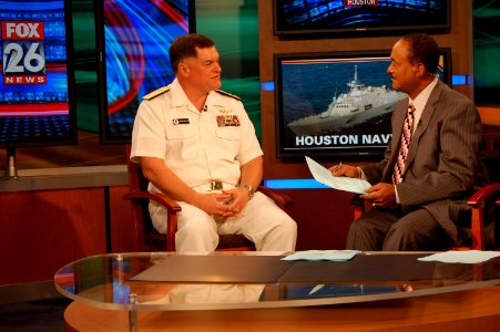 US Navy 091026-N-6220J-003 Rear Adm. W. Mark Skinner, program executive officer for Tactical Aircraft Programs, is interviewed by a morning news anchor on Fox 26-TV in Houston, Texas