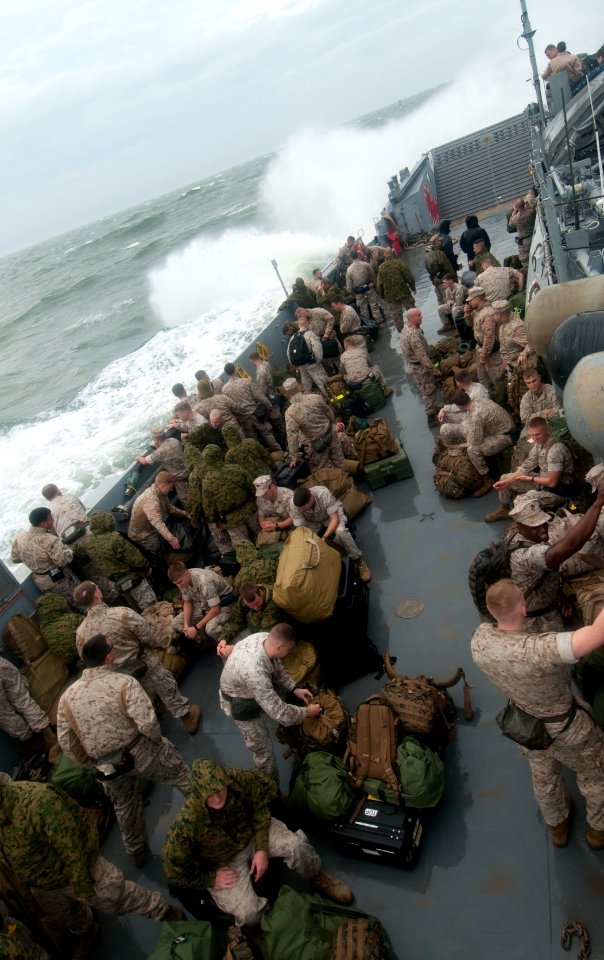 US Navy 091028-N-5319A-224 Marines assigned to the 24th Marine Expeditionary Unit (24th MEU) experience heavy seas while being transported aboard Landing Craft Unit 1645