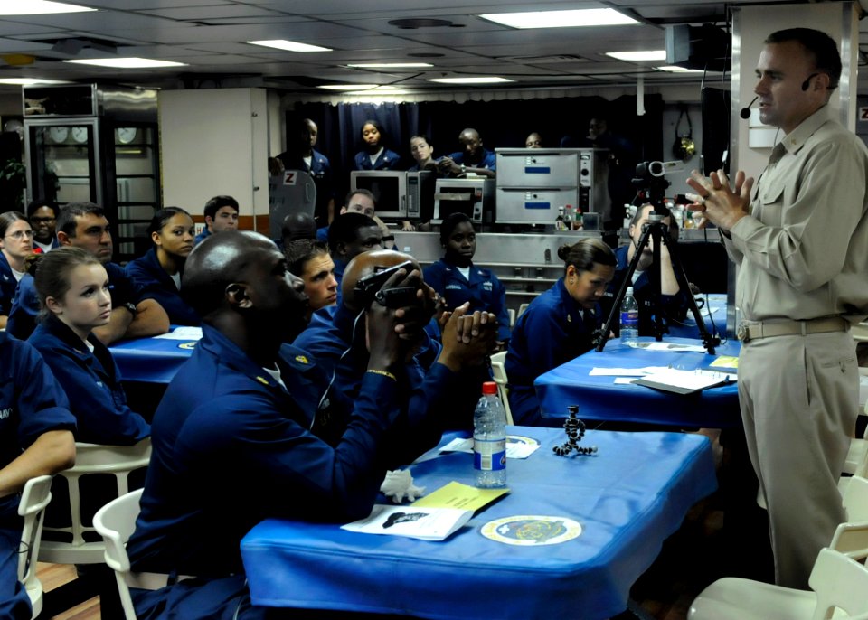 US Navy 091024-N-7478G-334 Chaplain Steven Benefield gives remarks during a Gospel Night aboard the amphibious command ship USS Blue Ridge (LCC 19)