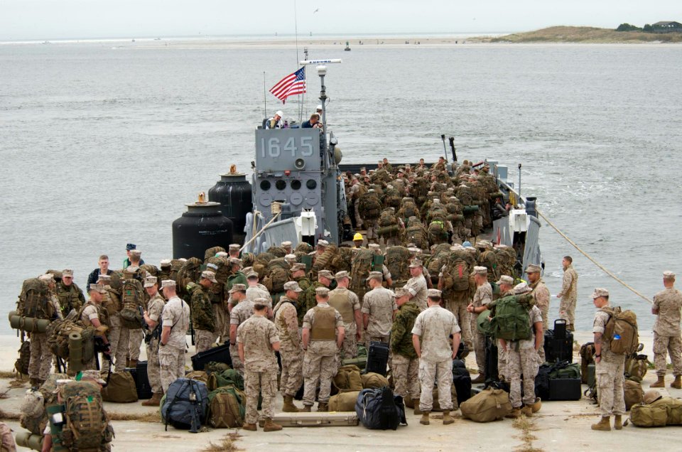 US Navy 091027-N-3592S-049 Marines from the 24th Marine Expeditionary Unit (24th MEU) board Landing Craft Utility 1645 (LCU 1645) at Radio Island, N.C. for transport to the amphibious assault ship USS Nassau (LHA 4)