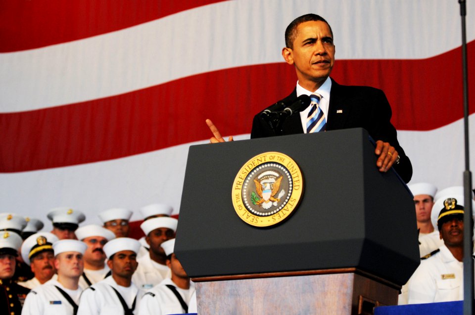 US Navy 091026-N-1522S-014 U.S. President Barack Obama delivers remarks to about 3500 Sailors, Marines and other service members during a visit to Naval Air Station Jacksonville