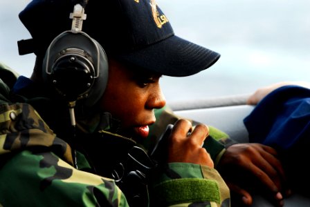 US Navy 091030-N-0807W-036 Seaman Joseph B. Davis makes reports to the aft fueling station aboard the amphibious dock landing ship USS Harpers Ferry (LSD 49) during a replenishment at sea