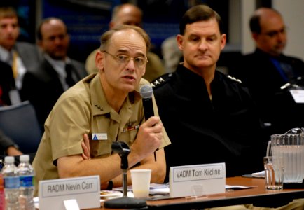 US Navy 091030-N-7676W-051 Vice Adm. Thomas J. Kilcline Jr., Commander, Naval Air Forces, left, and Vice Adm. David J. Venlet, Commander, Naval Air Systems Command, attend the Office of Naval Research-Naval Aviation Enterprise