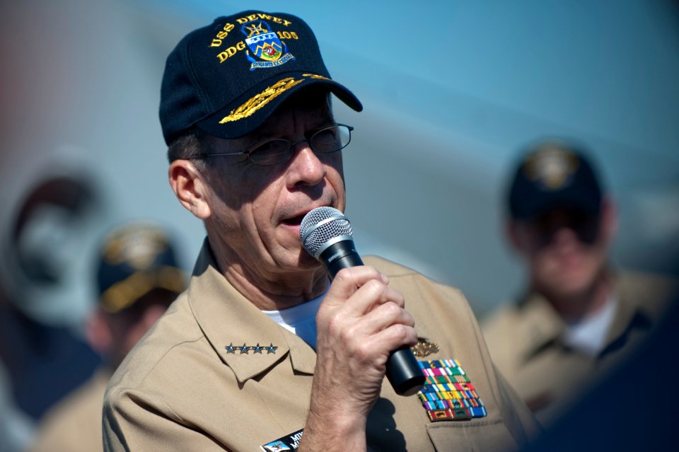 US Navy 091101-N-0696M-268 Adm. Mike Mullen, chairman of the Joint Chiefs of Staff, adresses the crew of the guided-missile destroyer Pre-Commissioning Unit Dewey (DDG 105)