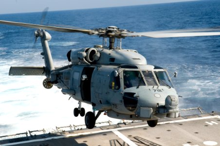 US Navy 091031-N-1251W-039 An SH-60B Seahawk helicopter assigned to Helicopter Anti-Submarine Squadron Light (HSL) 51 approaches the guided-missile destroyer USS Lassen (DDG 82) during deck landing qualifications