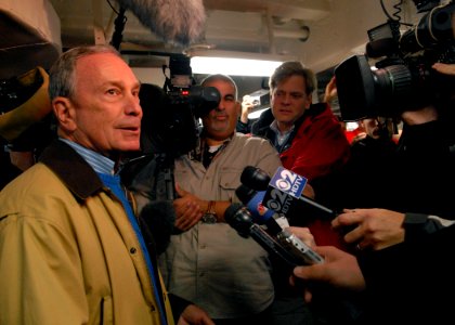 US Navy 091101-N-4971L-100 New York Mayor Michael Bloomberg speaks to the media aboard the amphibious transport dock ship Pre-Commissioning Unit (PCU) New York (LPD 21) photo