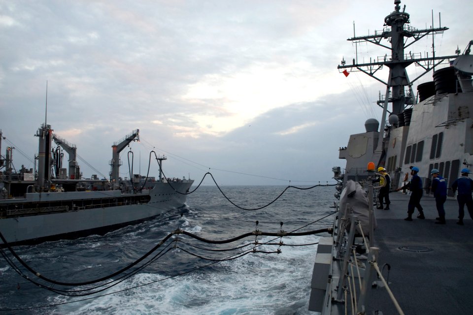 US Navy 091030-N-9123L-015 Sailors aboard guided-missile destroyer USS McCampbell (DDG 85) conduct an underway replenishment with the Military Sealift Command fleet replenishment oiler USNS John Ericsson (T-AO 194)