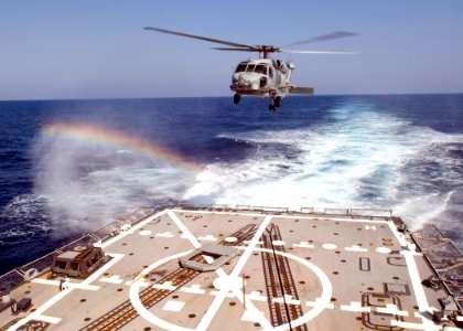 US Navy 091031-N-1251W-009 An SH-60B Seahawk helicopter assigned to Helicopter Anti-Submarine Squadron Light (HSL) 51 approaches the guided-missile destroyer USS Lassen (DDG 82) during deck landing qualifications