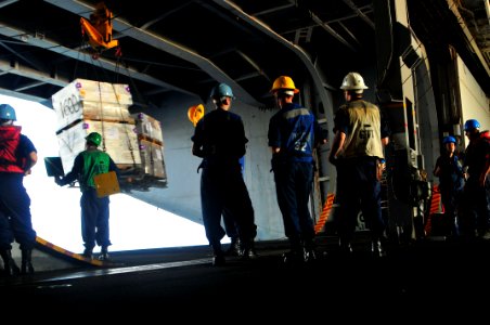 US Navy 091104-N-4053P-026 Deck department Sailors aboard the aircraft carrier USS Nimitz (CVN 68) receive a shipment of supplies from the Military Sealift Command fleet replenishment oiler USNS Bridge (T-AOE 10)