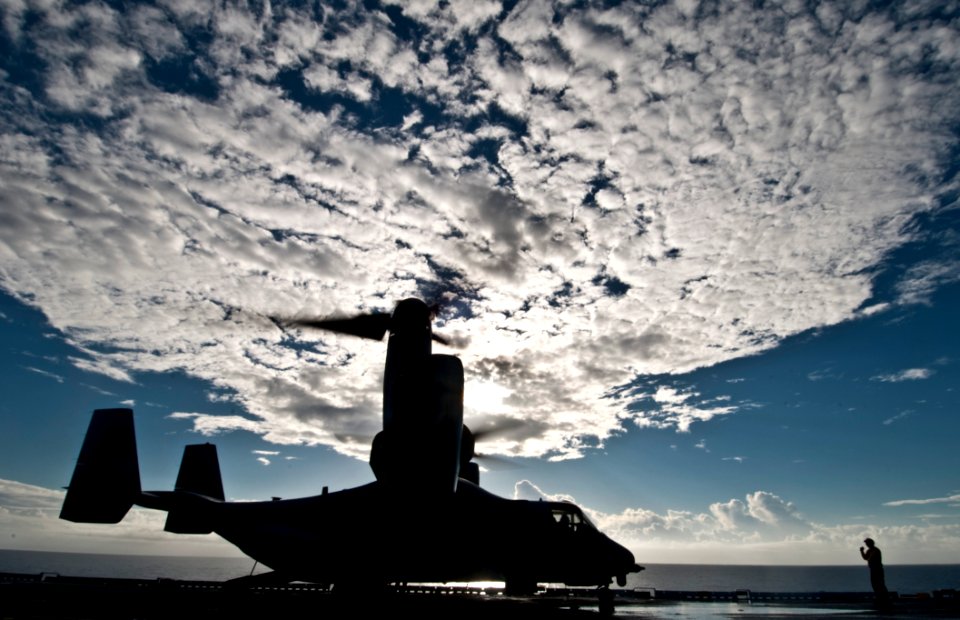 US Navy 091101-N-5319A-001 An MV-22 Osprey assigned to the Golden Eagles of Marine Medium Tiltrotor Squadron (VMM) 162 prepares to take off from the amphibious assault ship USS Nassau (LHA 4)
