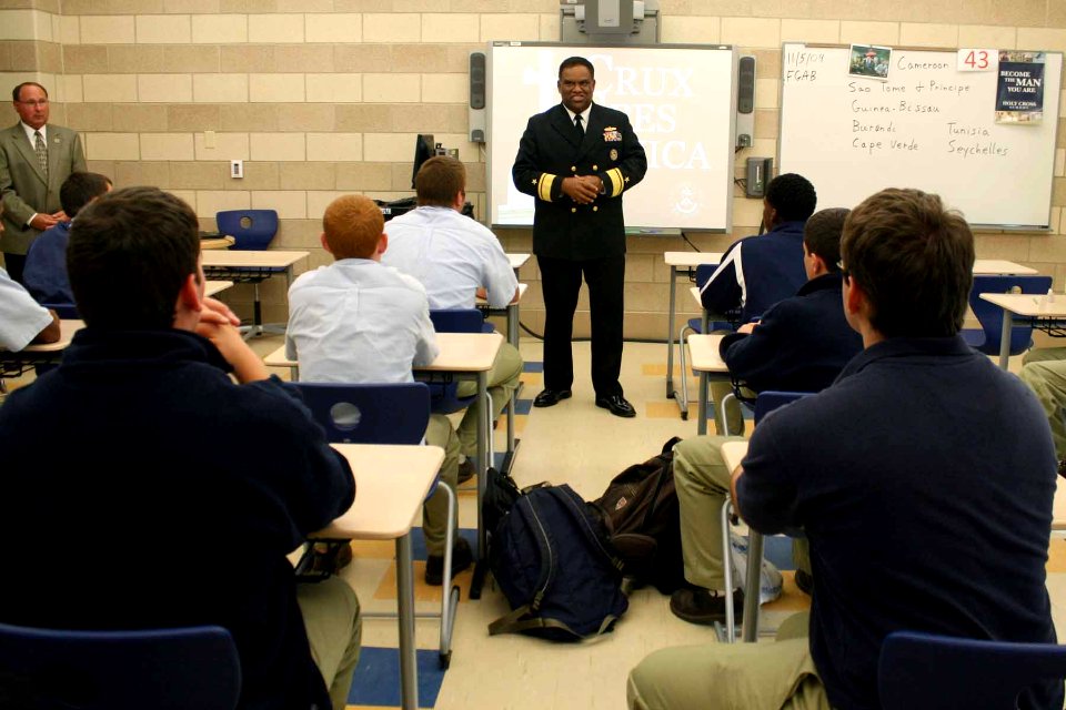 US Navy 091105-N-6736S-136 Rear Adm. Vic Guillory speaks to students at the Holy Cross School during a New Orleans Navy Week event, one of 21 Navy Weeks planned across America in 2009
