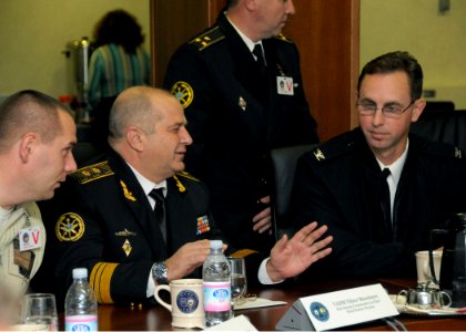 US Navy 091104-N-6138K-001 Ukrainian navy Vice Adm. Viktor Maksimov, first deputy commander-in-chief, talks with U.S. Navy Capt. John W. Moore,