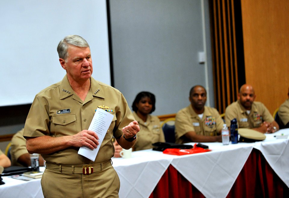 US Navy 091104-N-8273J-211 Chief of Naval Operations Adm. Gary Roughead speaks with and answers questions from Fleet, Force and Command Master Chiefs