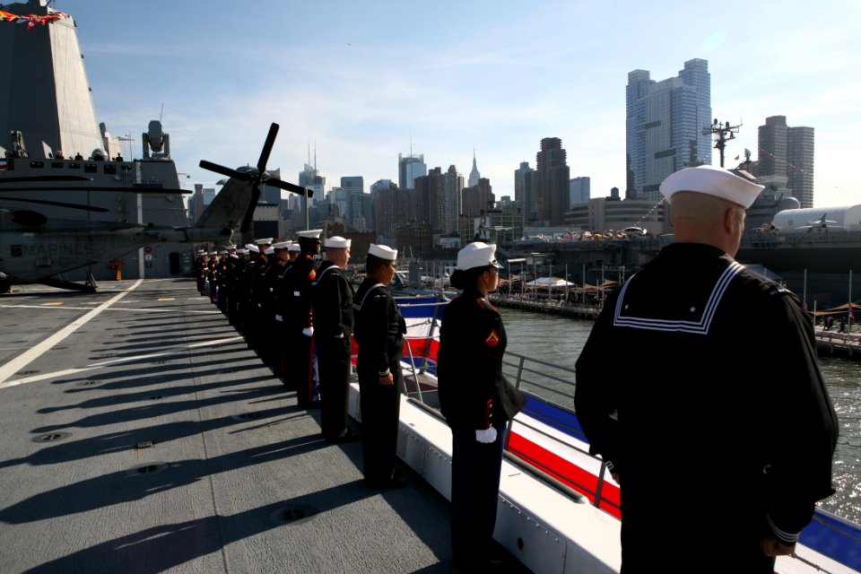 US Navy 091107-N-4936C-002 ailors and Marines man the rails of the amphibious transport dock ship USS New York (LPD 21)