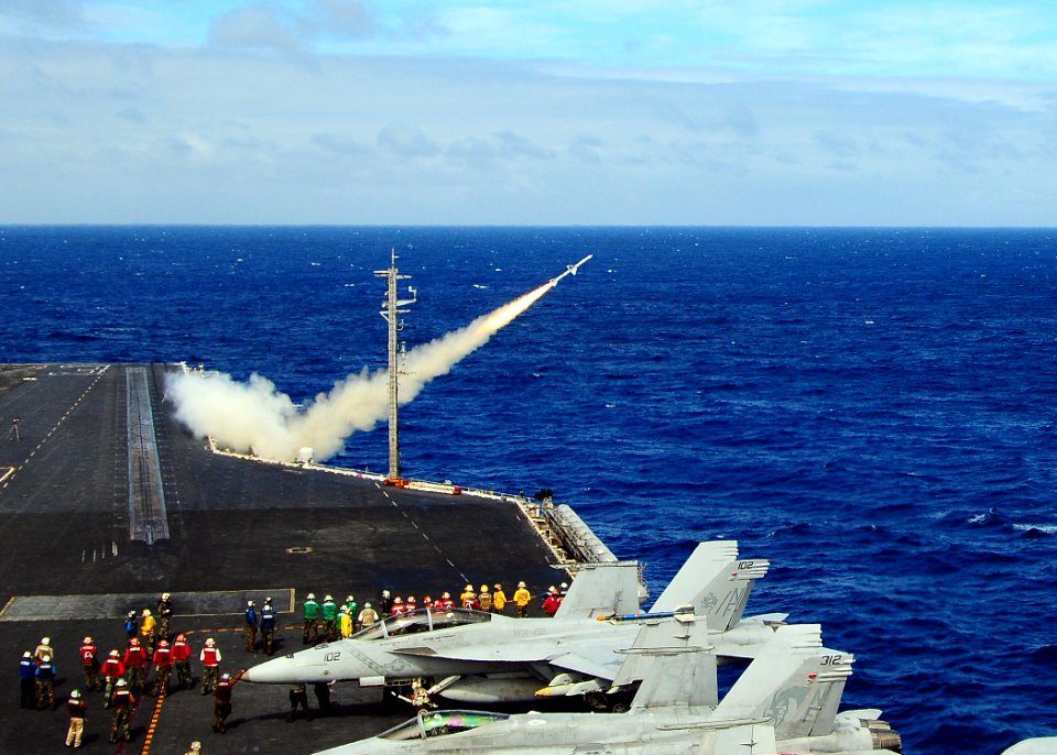 US Navy 091108-N-6233H-005 A NATO sea sparrow missile is launched from the aircraft carrier USS George Washington (CVN 73) to intercept a Tactical Air-Launched Decoy during surface-to-air defense training
