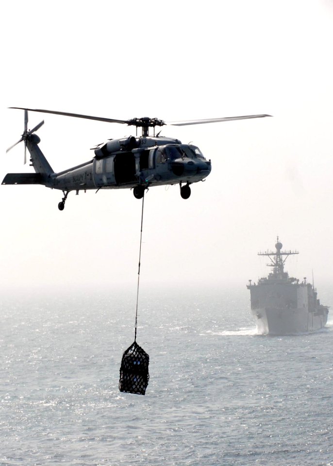 US Navy 091111-N-5148B-032 An MH-60S Sea Hawk delivers cargo aboard the flight deck of the Military Sealift Command fast combat support ship USNS Bridge (T-AOE 10)