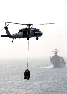US Navy 091111-N-5148B-032 An MH-60S Sea Hawk delivers cargo aboard the flight deck of the Military Sealift Command fast combat support ship USNS Bridge (T-AOE 10)