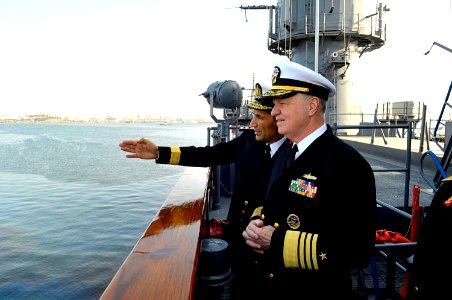 US Navy 091111-N-8273J-174 hief of Naval Operations (CNO) Adm. Gary Roughead, middle, speaks with the commanding officer of the Egyptian navy frigate ENS Rashid (F 966)