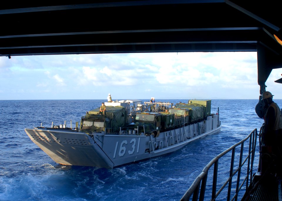 US Navy 091109-N-6692A-037 Sailors aboard the amphibious dock landing ship USS Tortuga (LSD 46) launch Landing Craft Utility 1631, assigned to Assault Craft Unit 1, during amphibious operations