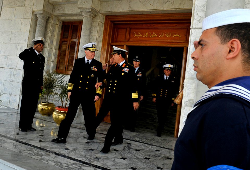 US Navy 091111-N-8273J-087 Chief of Naval Operations (CNO) Adm. Gary Roughead, middle, departs Egyptian Naval Headquarters with his counterpart, Commander-in-Chief of Egyptian Naval Forces Vice Adm. Mohab Mameesh