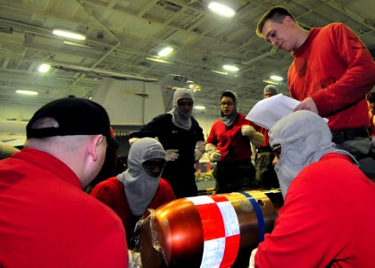 US Navy 091110-N-1062H-003 Aviation Ordnancemen learn proper inspection techniques for an MK-46 recoverable exercise torpedo (REXTORP) aboard the aircraft carrier USS George Washington (CVN 73)