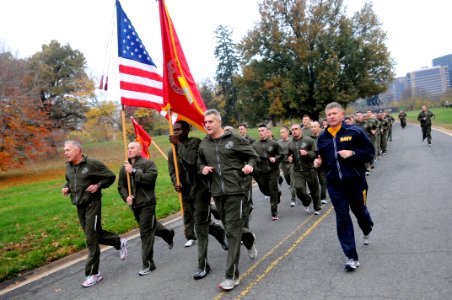 US Navy 091110-N-9818V-138 Master Chief Petty Officer of the Navy (MCPON) Rick West joins U.S. Marines from the Washington area for a fun run to the Iwo Jima memorial in celebration of the 234th birthday of the U.S. Marine Corp