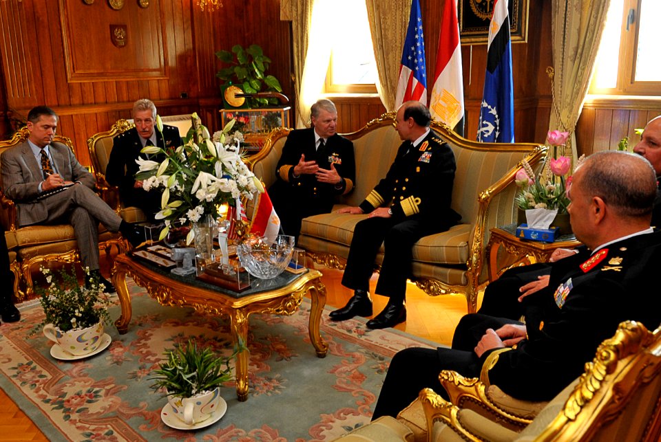 US Navy 091111-N-8273J-075 Chief of Naval Operations (CNO) Adm. Gary Roughead, middle, meets with his counterpart, Commander-in-Chief of Egyptian Naval Forces Vice Adm. Mohab Mameesh, and other senior Egyptian leadership