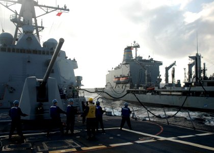US Navy 091111-N-9520G-060 Sailors aboard USS Mustin (DDG 89) man the phone and distance line during an underway replenishment