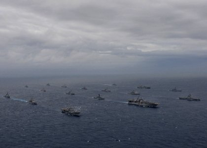 US Navy 091117-N-1062H-166 Twenty six U.S. Navy and Japan Maritime Self-Defense Force ships transit in formation during a photo exercise