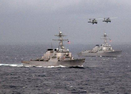 US Navy 091117-N-1644H-511 The guided-missile destroyers USS Lassen (DDG 82) and USS Curtis Wilbur (DDG 54) are underway in the Pacific Ocean