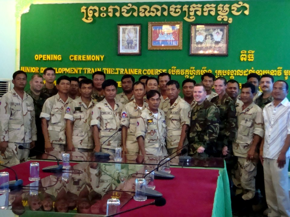 US Navy 091113-N-0000X-048 Sailors from the Maritime Civil Affairs and Security Training Command's Security Force Assistance Detachment pose with officers from the Royal Cambodian Navy