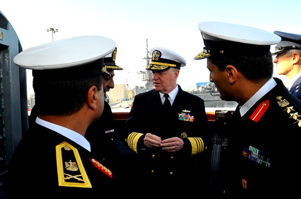 US Navy 091111-N-8273J-127 Chief of Naval Operations (CNO) Adm. Gary Roughead, middle, speaks with the commanding officer of the Egyptian navy frigate ENS Sharm El Sheikh (F 901)