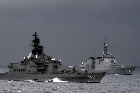 US Navy 091117-N-7280V-245 Japan Maritime Self-Defense Force destroyers JDS Hiei (DDH 142) and JDS Kongo (DDG 173) maneuver into formation during Annual Exercise (ANNUALEX 21G)