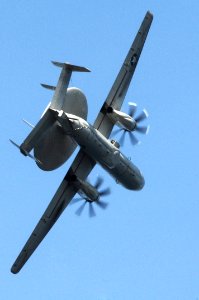US Navy 091119-N-3038W-414 An E-2C Hawkeye assigned to the Wallbangers of Carrier Airborne Early Warning Squadron (VAW) 117 performs a banking turn before landing aboard the aircraft carrier USS Nimitz (CVN 68)