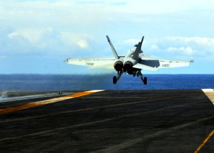 US Navy 091118-N-4236E-051 Cmdr. Joe Barnes, executive officer of Strike Fighter Squadron (VFA) 143, catapults off the Nimitz-class aircraft carrier USS Dwight D. Eisenhower (CVN 69) in an F-A-18 Super Hornet