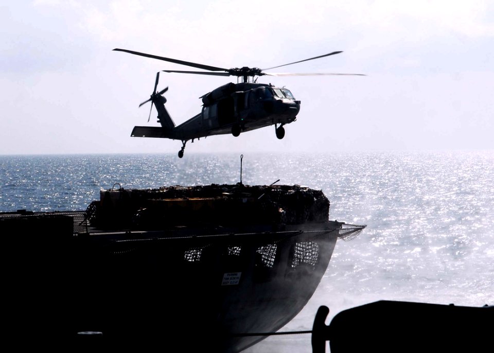US Navy 091126-N-5148B-024 An MH-60S Sea Hawk helicopter carries cargo from SNS John Lenthall (T-AO 189)