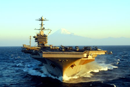 US Navy 091121-N-6720T-067 The aircraft carrier USS George Washington (CVN 73) transits through the Pacific Ocean with Mt. Fuji in the background