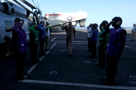 US Navy 091126-N-3038W-025 Side boys render honors to arriving Maj. Gen. Stephen L. Hoog