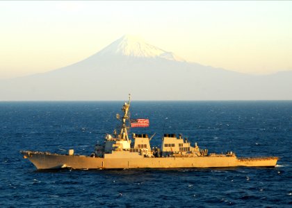 US Navy 091121-N-6720T-089 The guided-missile destroyer USS Curtis Wilbur (DDG 54) is underway in the Pacific Ocean with Mt. Fuji in the background