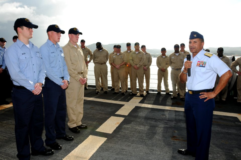 US Navy 091204-N-1906L-002 Rear Adm. Manson Brown thanks the crew of USS Crommelin (FFG 37) for supporting the Coast Guard in locating and investigating vessels suspected of illegal fishing