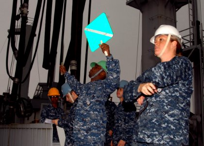 US Navy 091123-N-9116S-019 Boatswain's Mate 1st Class Danielle M. Vandorst trains Sailors from the deck department of the aircraft carrier USS George H.W. Bush (CVN 77)