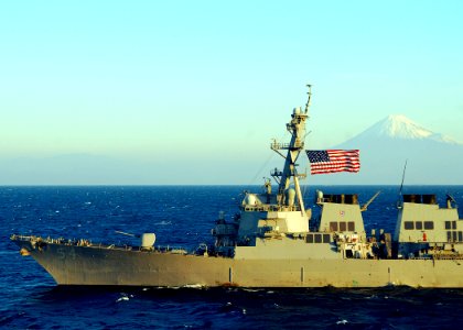 US Navy 091121-N-6720T-104 The guided-missile destroyer USS Curtis Wilbur (DDG 54) is underway in the Pacific Ocean with Mt. Fuji in the background